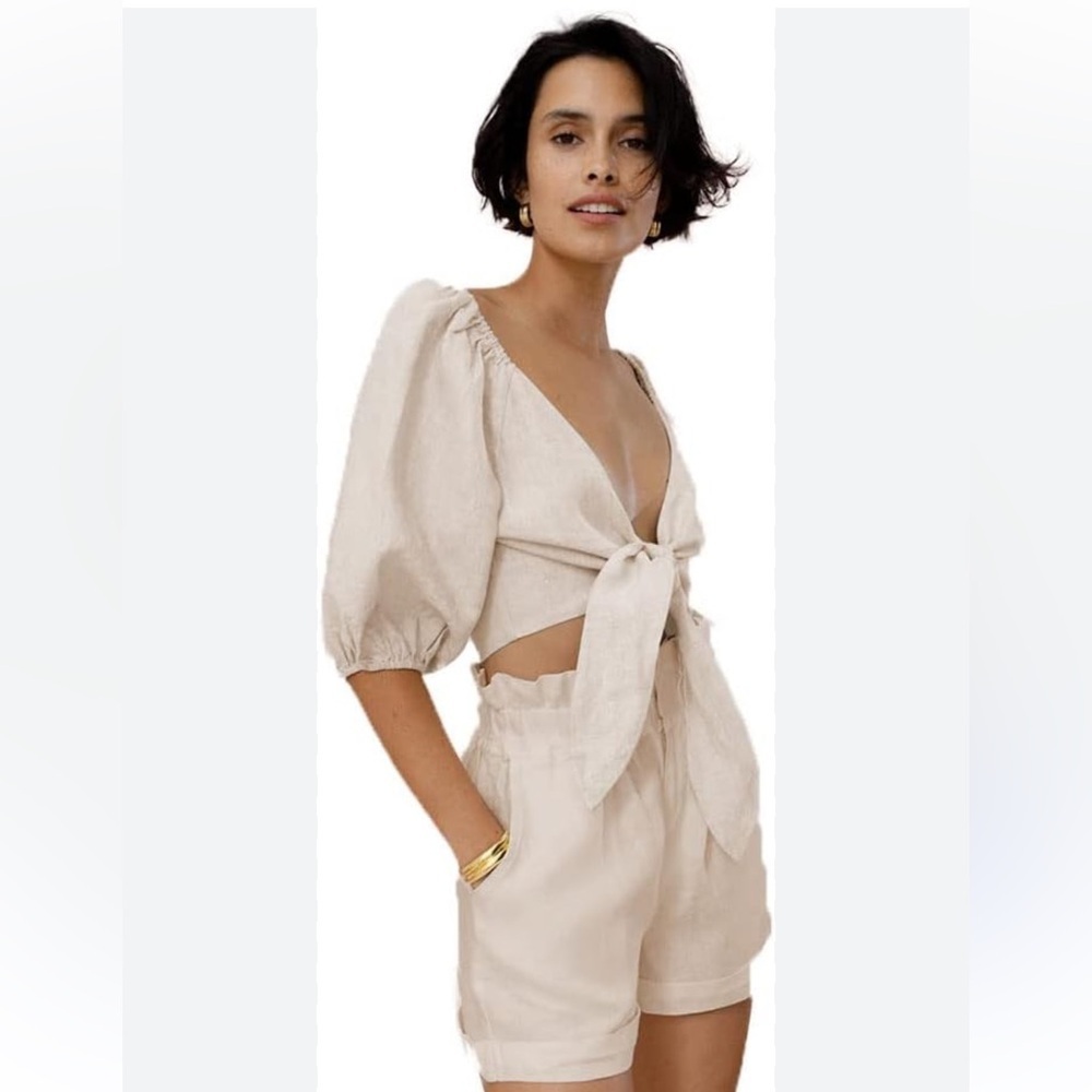 Topshop Cream Tie-Front Crop Top